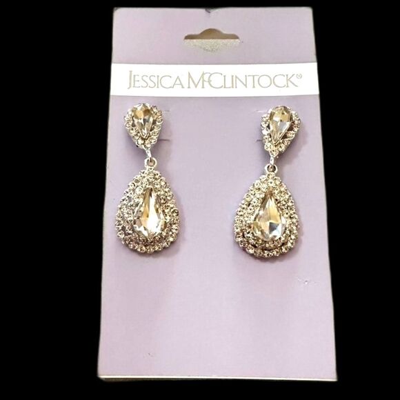 New Jessica McClintock Crystal Dangle Drop Elegant Formal Wedding Earrings - Picture 2 of 3